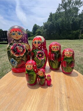 Set of 7 Hand-Painted Russian Nesting Dolls - Floral Matryoshka 8” tall